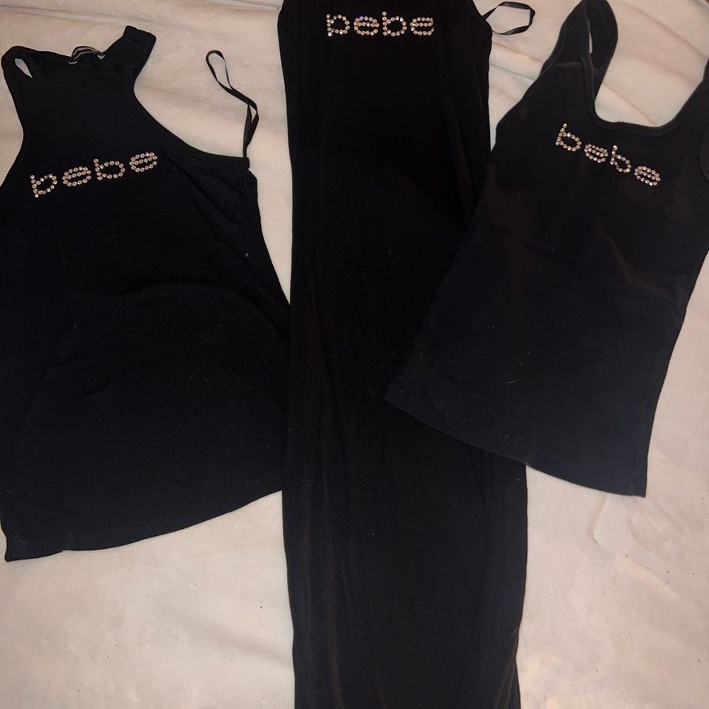 Bebe Black Tank Tops Set with Rhinestone Logo